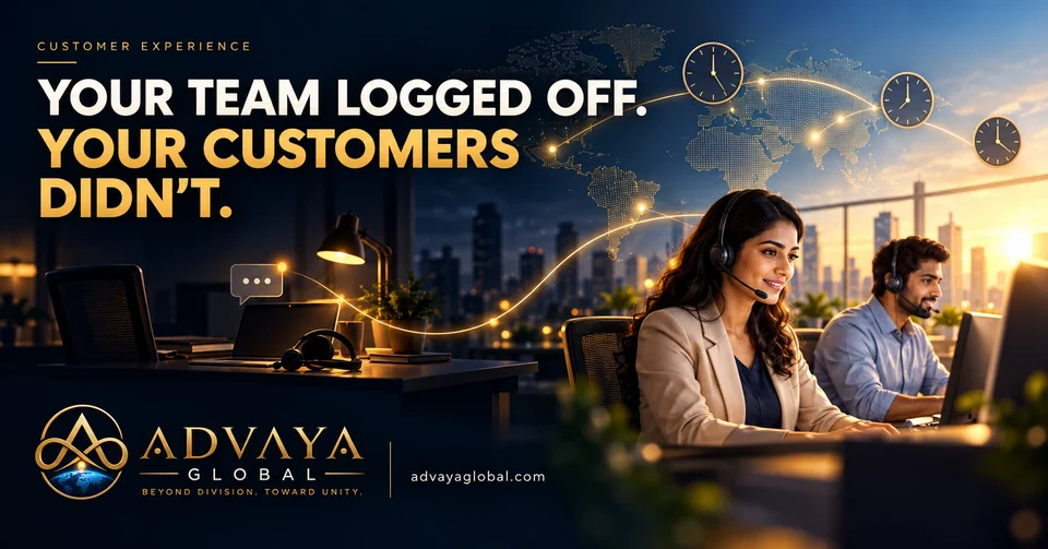 Illustration of an empty after-hours support desk connected to an active team across time zones, branded Advaya Global.